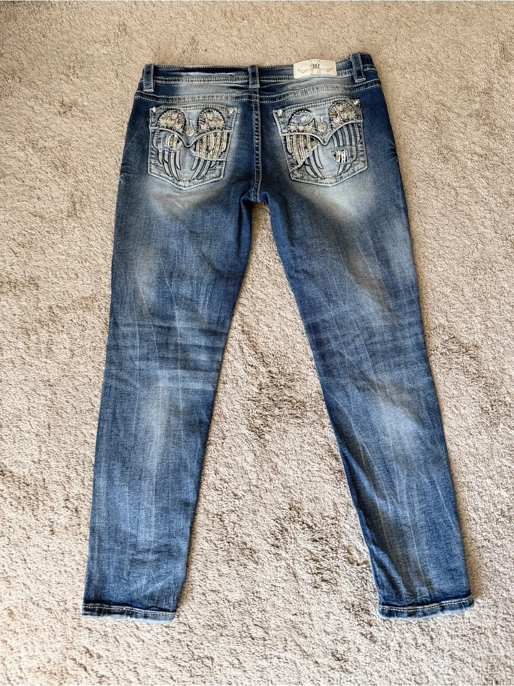 Womens Miss Me Jeans Size 34 Skinny Y2K Rhinestone Angel Wings Embellished Blue - Picture 4 of 10
